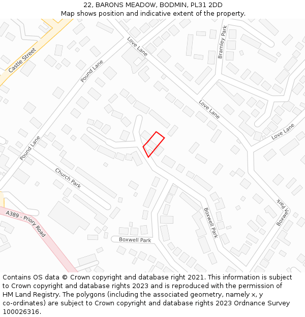 22, BARONS MEADOW, BODMIN, PL31 2DD: Location map and indicative extent of plot