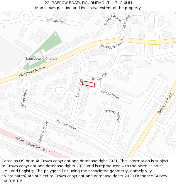 22, BARROW ROAD, BOURNEMOUTH, BH8 0HU: Location map and indicative extent of plot