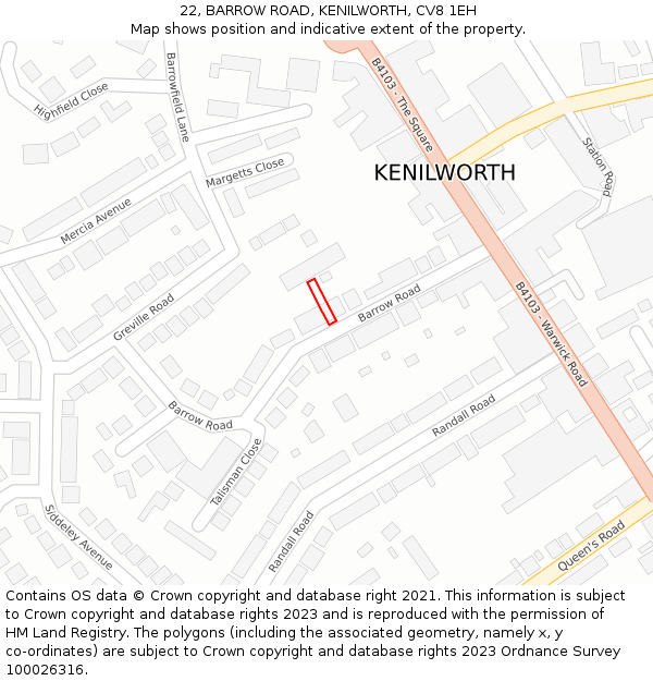 22, BARROW ROAD, KENILWORTH, CV8 1EH: Location map and indicative extent of plot