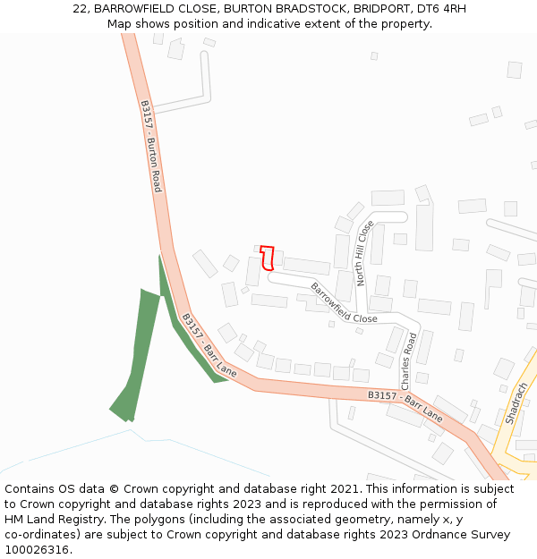 22, BARROWFIELD CLOSE, BURTON BRADSTOCK, BRIDPORT, DT6 4RH: Location map and indicative extent of plot