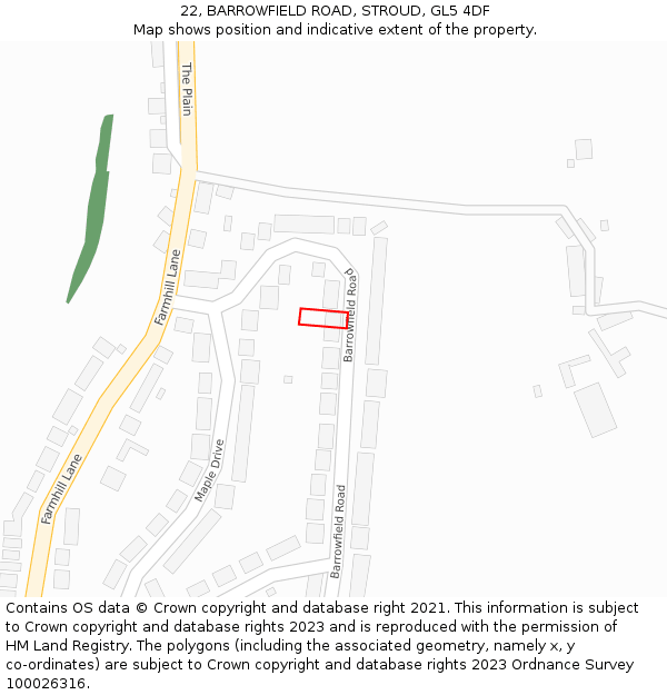 22, BARROWFIELD ROAD, STROUD, GL5 4DF: Location map and indicative extent of plot