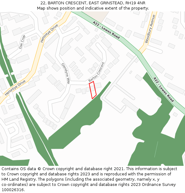 22, BARTON CRESCENT, EAST GRINSTEAD, RH19 4NR: Location map and indicative extent of plot