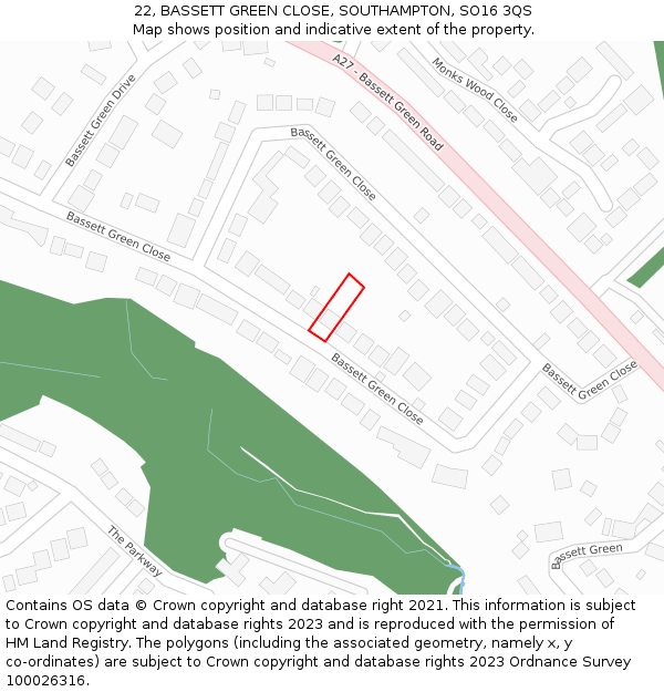 22, BASSETT GREEN CLOSE, SOUTHAMPTON, SO16 3QS: Location map and indicative extent of plot