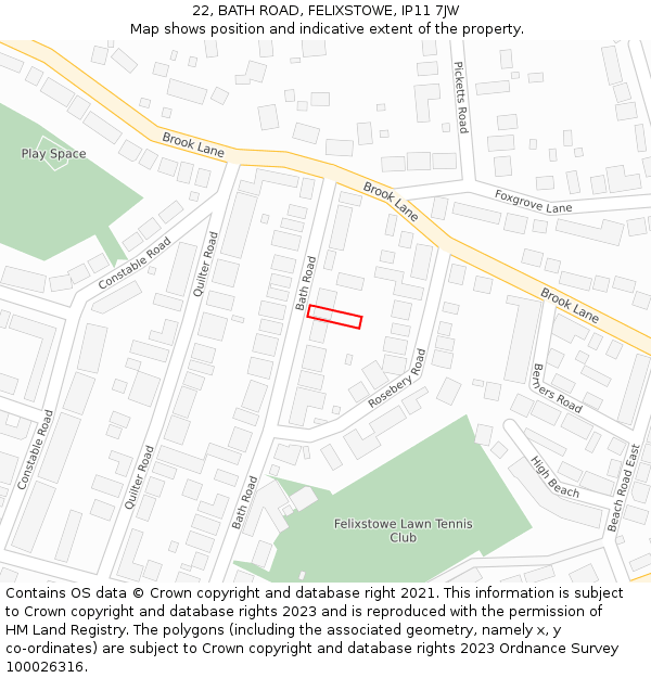 22, BATH ROAD, FELIXSTOWE, IP11 7JW: Location map and indicative extent of plot