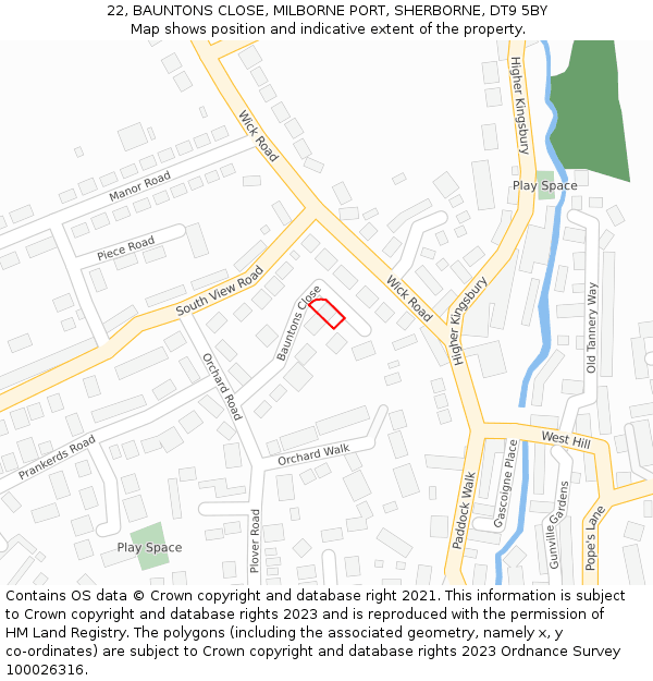 22, BAUNTONS CLOSE, MILBORNE PORT, SHERBORNE, DT9 5BY: Location map and indicative extent of plot
