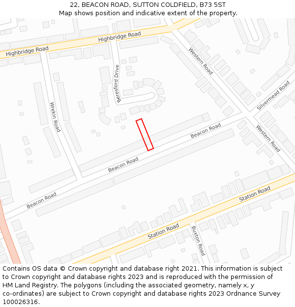 22, BEACON ROAD, SUTTON COLDFIELD, B73 5ST: Location map and indicative extent of plot
