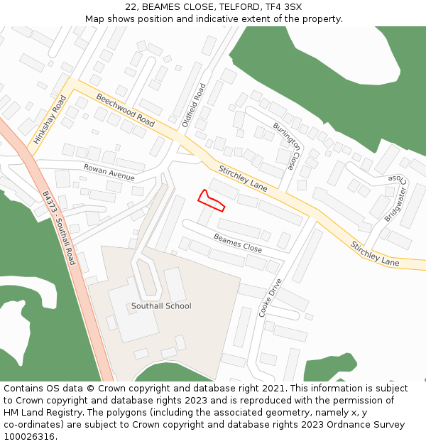 22, BEAMES CLOSE, TELFORD, TF4 3SX: Location map and indicative extent of plot