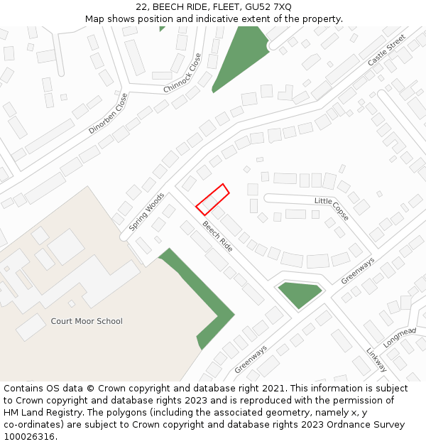 22, BEECH RIDE, FLEET, GU52 7XQ: Location map and indicative extent of plot