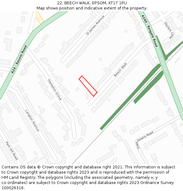 22, BEECH WALK, EPSOM, KT17 1PU: Location map and indicative extent of plot