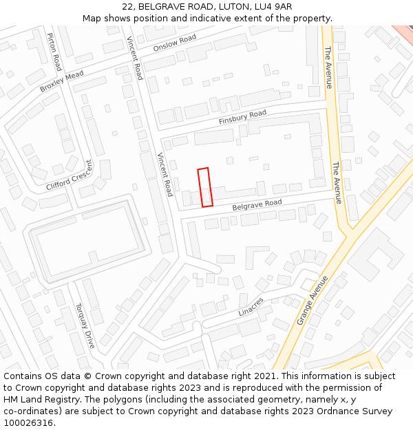 22, BELGRAVE ROAD, LUTON, LU4 9AR: Location map and indicative extent of plot