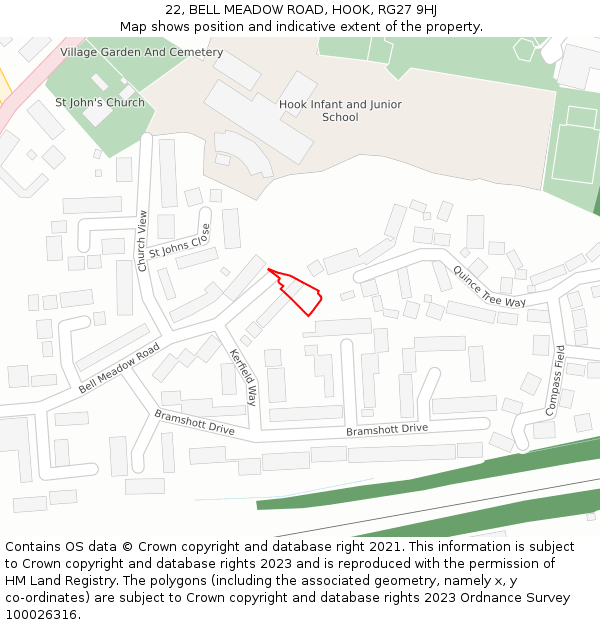 22, BELL MEADOW ROAD, HOOK, RG27 9HJ: Location map and indicative extent of plot