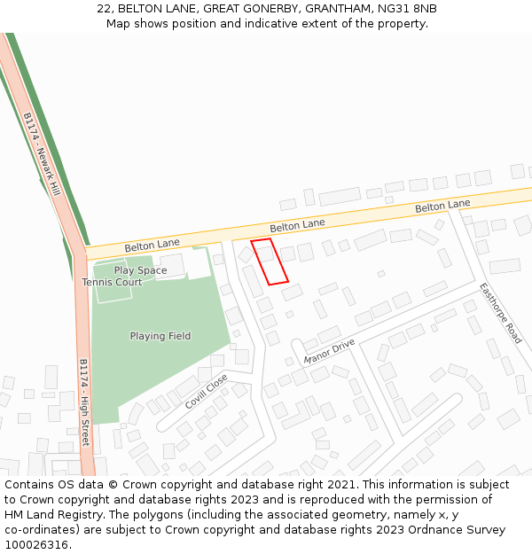 22, BELTON LANE, GREAT GONERBY, GRANTHAM, NG31 8NB: Location map and indicative extent of plot