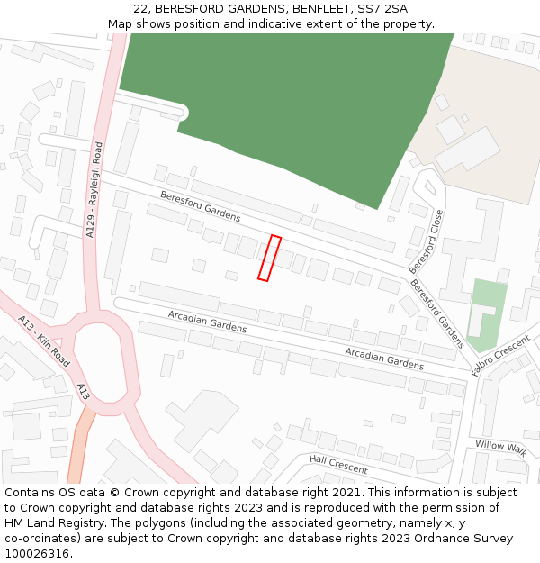 22, BERESFORD GARDENS, BENFLEET, SS7 2SA: Location map and indicative extent of plot