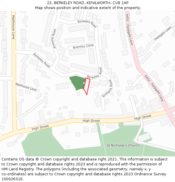 22, BERKELEY ROAD, KENILWORTH, CV8 1AP: Location map and indicative extent of plot