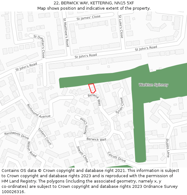 22, BERWICK WAY, KETTERING, NN15 5XF: Location map and indicative extent of plot