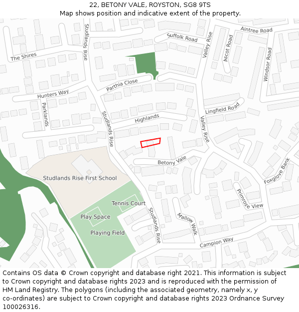 22, BETONY VALE, ROYSTON, SG8 9TS: Location map and indicative extent of plot