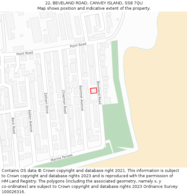 22, BEVELAND ROAD, CANVEY ISLAND, SS8 7QU: Location map and indicative extent of plot