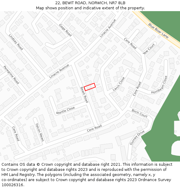 22, BEWIT ROAD, NORWICH, NR7 8LB: Location map and indicative extent of plot