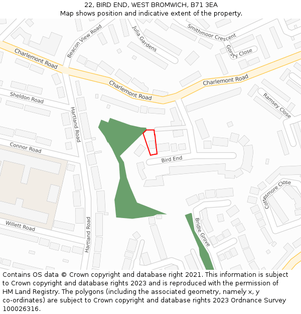 22, BIRD END, WEST BROMWICH, B71 3EA: Location map and indicative extent of plot