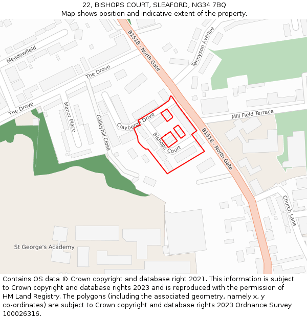 22, BISHOPS COURT, SLEAFORD, NG34 7BQ: Location map and indicative extent of plot