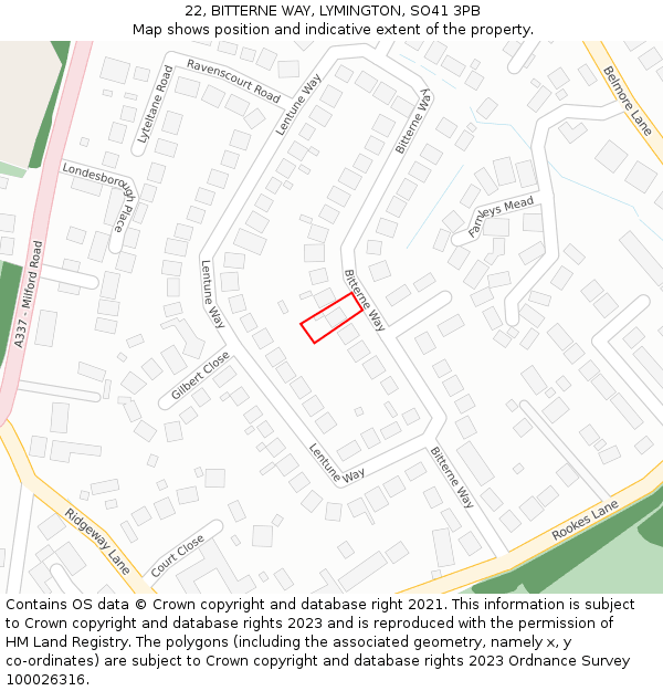 22, BITTERNE WAY, LYMINGTON, SO41 3PB: Location map and indicative extent of plot