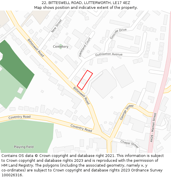 22, BITTESWELL ROAD, LUTTERWORTH, LE17 4EZ: Location map and indicative extent of plot