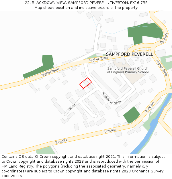 22, BLACKDOWN VIEW, SAMPFORD PEVERELL, TIVERTON, EX16 7BE: Location map and indicative extent of plot