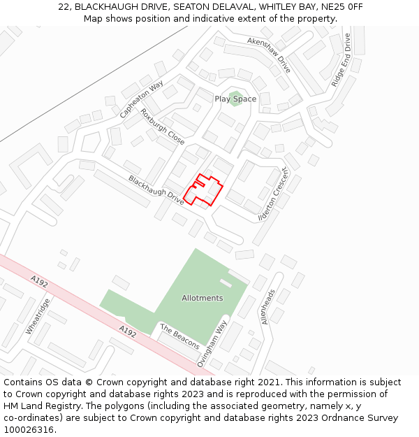 22, BLACKHAUGH DRIVE, SEATON DELAVAL, WHITLEY BAY, NE25 0FF: Location map and indicative extent of plot