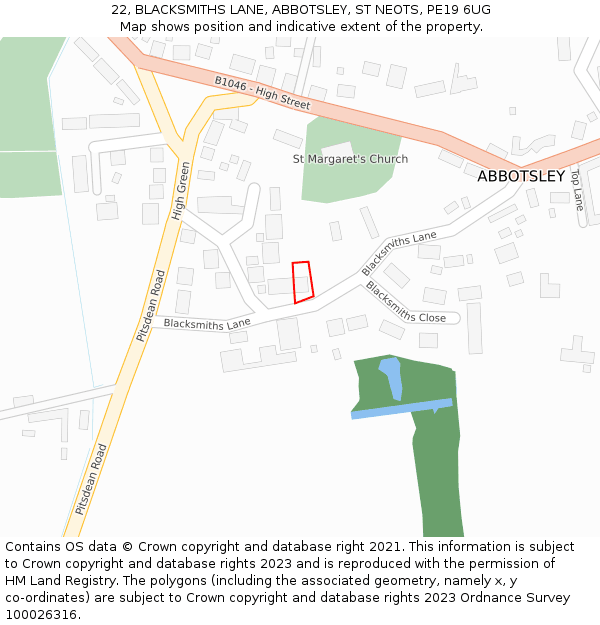 22, BLACKSMITHS LANE, ABBOTSLEY, ST NEOTS, PE19 6UG: Location map and indicative extent of plot