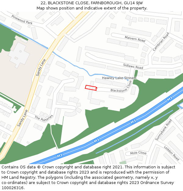 22, BLACKSTONE CLOSE, FARNBOROUGH, GU14 9JW: Location map and indicative extent of plot