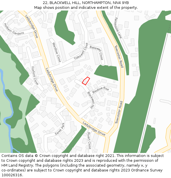 22, BLACKWELL HILL, NORTHAMPTON, NN4 9YB: Location map and indicative extent of plot