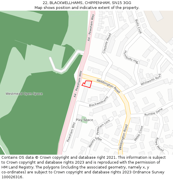 22, BLACKWELLHAMS, CHIPPENHAM, SN15 3GG: Location map and indicative extent of plot