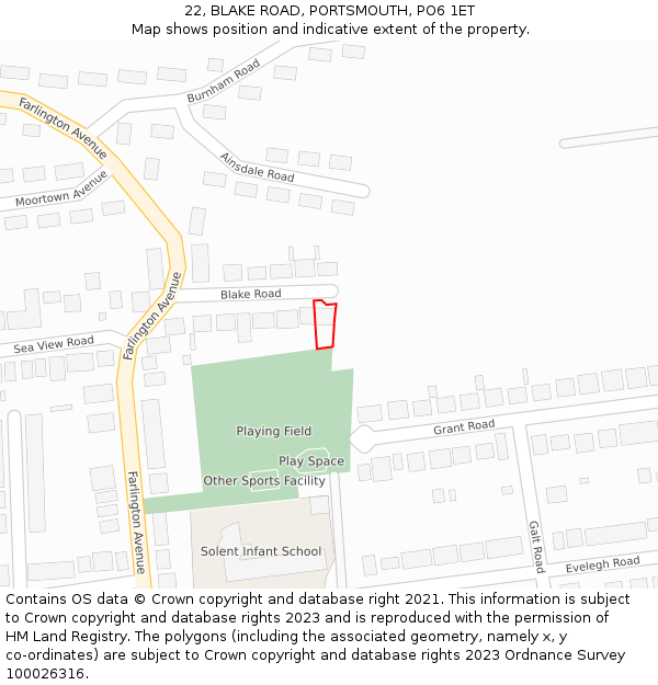 22, BLAKE ROAD, PORTSMOUTH, PO6 1ET: Location map and indicative extent of plot