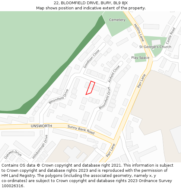 22, BLOOMFIELD DRIVE, BURY, BL9 8JX: Location map and indicative extent of plot