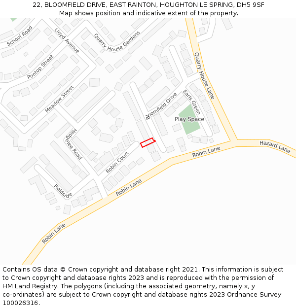 22, BLOOMFIELD DRIVE, EAST RAINTON, HOUGHTON LE SPRING, DH5 9SF: Location map and indicative extent of plot