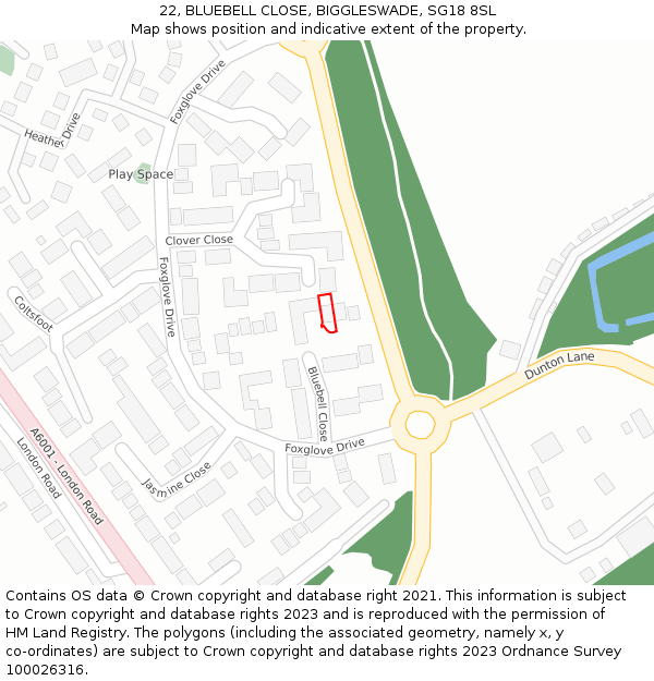 22, BLUEBELL CLOSE, BIGGLESWADE, SG18 8SL: Location map and indicative extent of plot