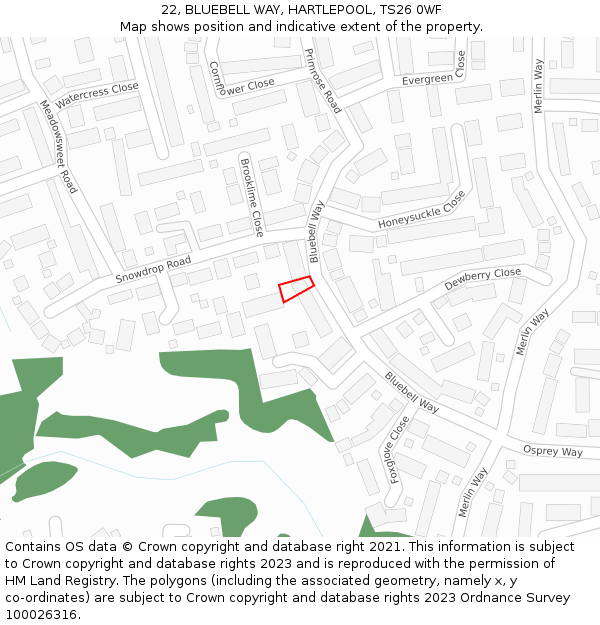 22, BLUEBELL WAY, HARTLEPOOL, TS26 0WF: Location map and indicative extent of plot