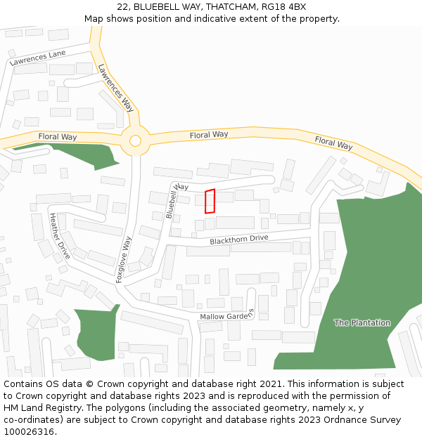 22, BLUEBELL WAY, THATCHAM, RG18 4BX: Location map and indicative extent of plot