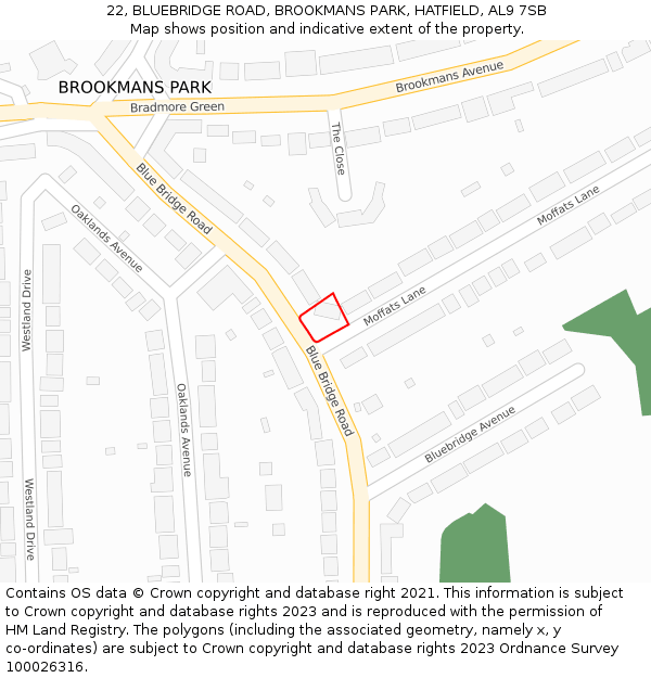 22, BLUEBRIDGE ROAD, BROOKMANS PARK, HATFIELD, AL9 7SB: Location map and indicative extent of plot