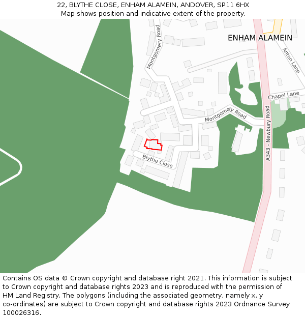 22, BLYTHE CLOSE, ENHAM ALAMEIN, ANDOVER, SP11 6HX: Location map and indicative extent of plot