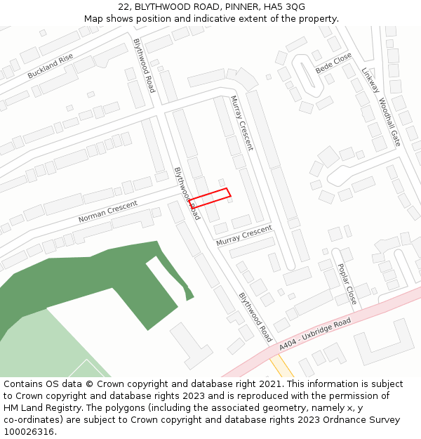 22, BLYTHWOOD ROAD, PINNER, HA5 3QG: Location map and indicative extent of plot