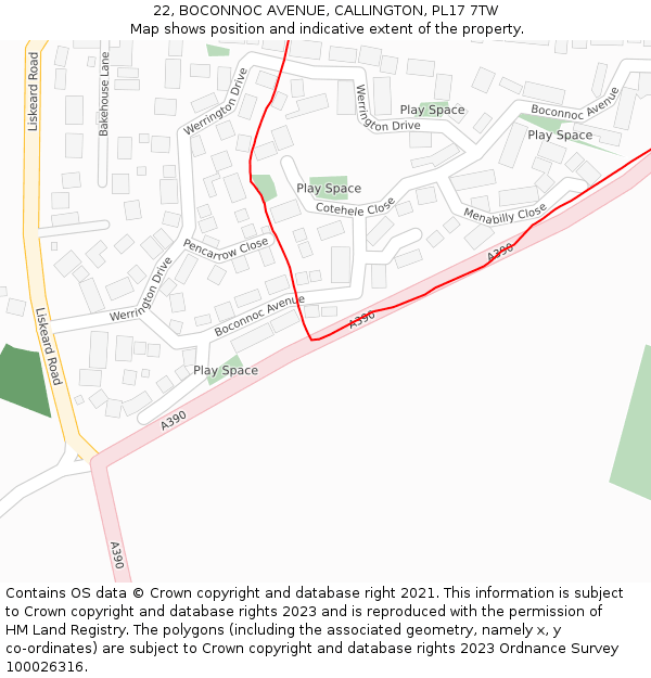 22, BOCONNOC AVENUE, CALLINGTON, PL17 7TW: Location map and indicative extent of plot