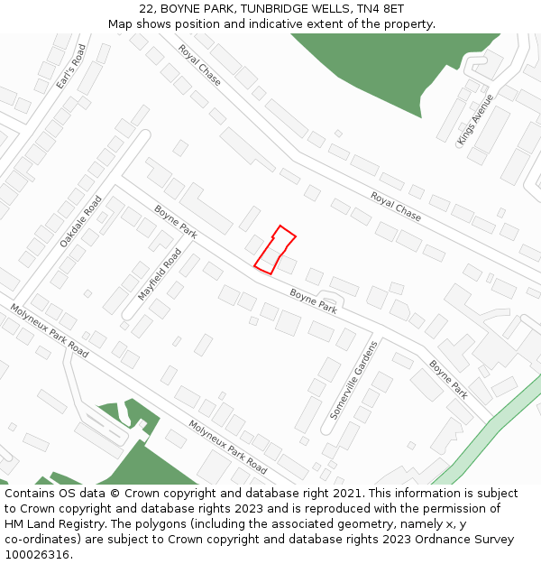 22, BOYNE PARK, TUNBRIDGE WELLS, TN4 8ET: Location map and indicative extent of plot
