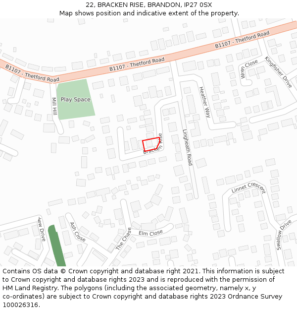 22, BRACKEN RISE, BRANDON, IP27 0SX: Location map and indicative extent of plot