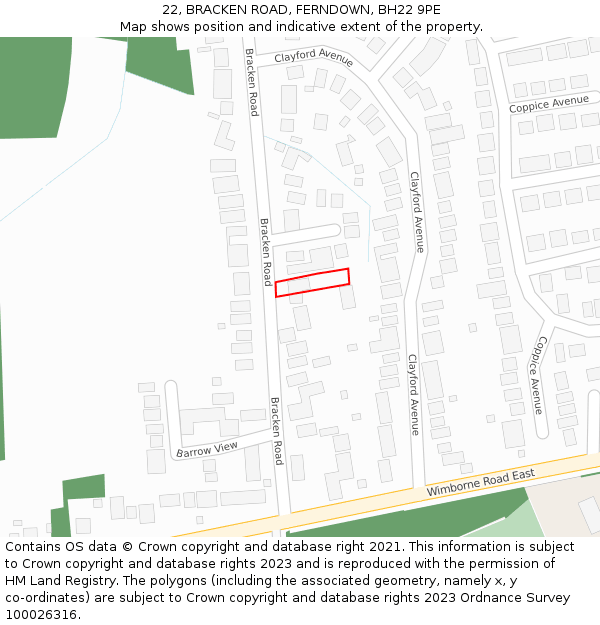 22, BRACKEN ROAD, FERNDOWN, BH22 9PE: Location map and indicative extent of plot