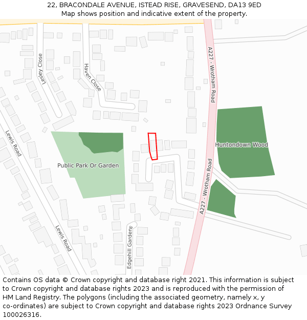22, BRACONDALE AVENUE, ISTEAD RISE, GRAVESEND, DA13 9ED: Location map and indicative extent of plot