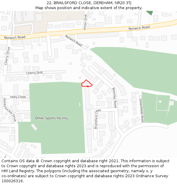 22, BRAILSFORD CLOSE, DEREHAM, NR20 3TJ: Location map and indicative extent of plot