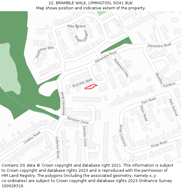 22, BRAMBLE WALK, LYMINGTON, SO41 9LW: Location map and indicative extent of plot