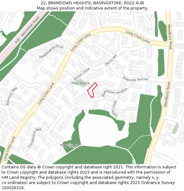 22, BRAMDOWN HEIGHTS, BASINGSTOKE, RG22 4UB: Location map and indicative extent of plot