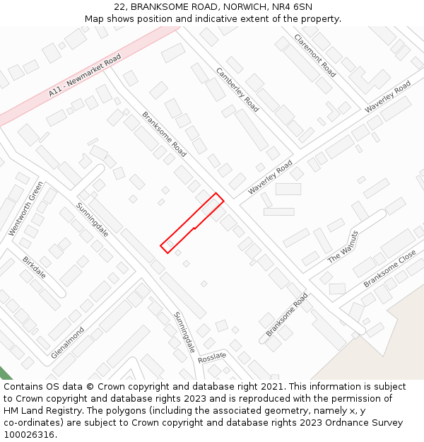 22, BRANKSOME ROAD, NORWICH, NR4 6SN: Location map and indicative extent of plot